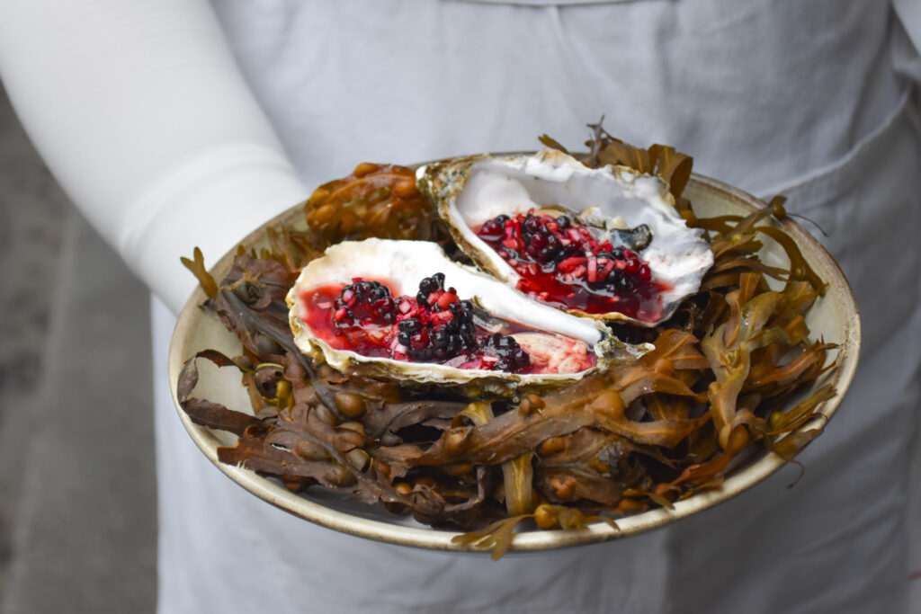 A photo of Galway Kelly’s Oysters, Blackberry Mignonette from Friends of Pichet