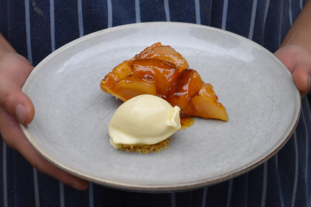 A photo of Tart Tatin, Fig Leaf Ice Cream, Tersa’s Kylemore Raw Milk Cheese, Quince.