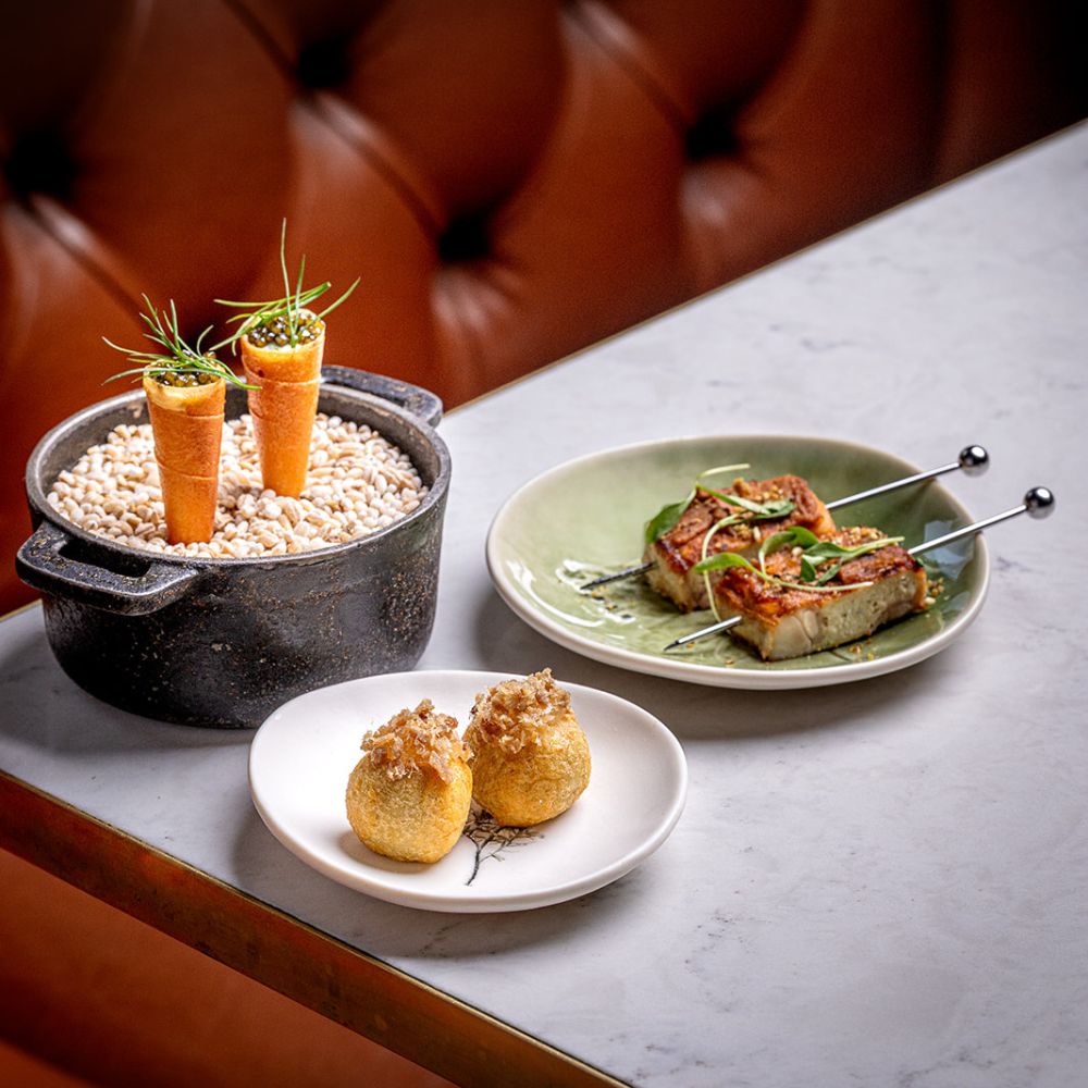 Friends of Pichet with Liam - Snack to share - Ring’s Farm Chicken Wing, Burren Smoked Salmon Mousse & Potato Dauphine with Garlic Scape Gel, Estate Coppa